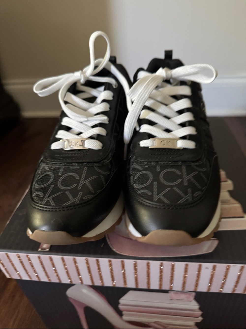 Calvin Klein Black and White Women’s Logo Lace-Up Sneakers